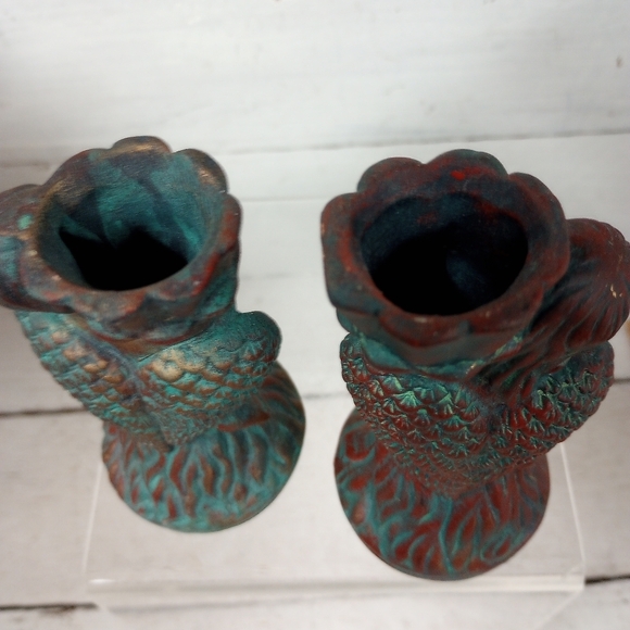 Set of 2 Angels Cherubs Candlestick Holders Vintage Shabby Chic Green Patina - Picture 8 of 12